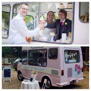 ice cream van with bride and groom at wedding